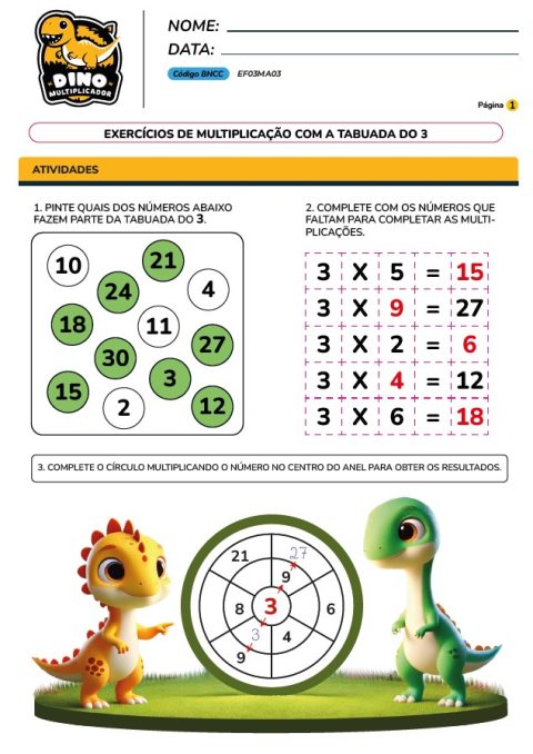 Folhas De Atividades Tabuada De Multiplicacão