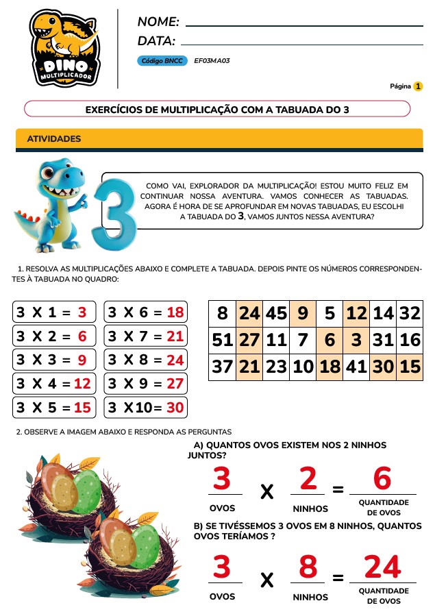 folhas de atividades tabuada de multiplicacao